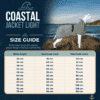 Size guide chart for the Coastal Jacket Light showing back length, neck, and chest measurements in centimetres next to a dog mannequin wearing the jacket.