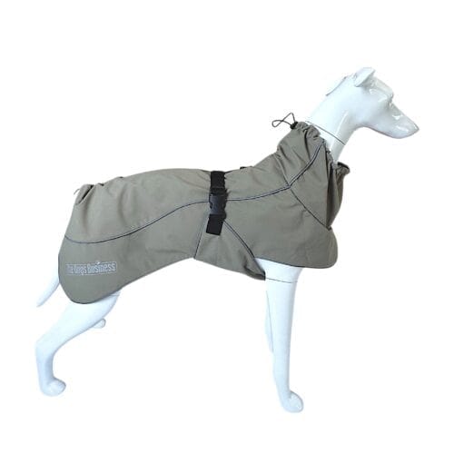 Heat Reflect Jacket in grey with a black buckle and reflective trim on a white mannequin dog.