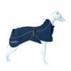 A navy blue Coastal Jacket Light dog raincoat with reflective piping and a buckled waist strap on a white mannequin dog.