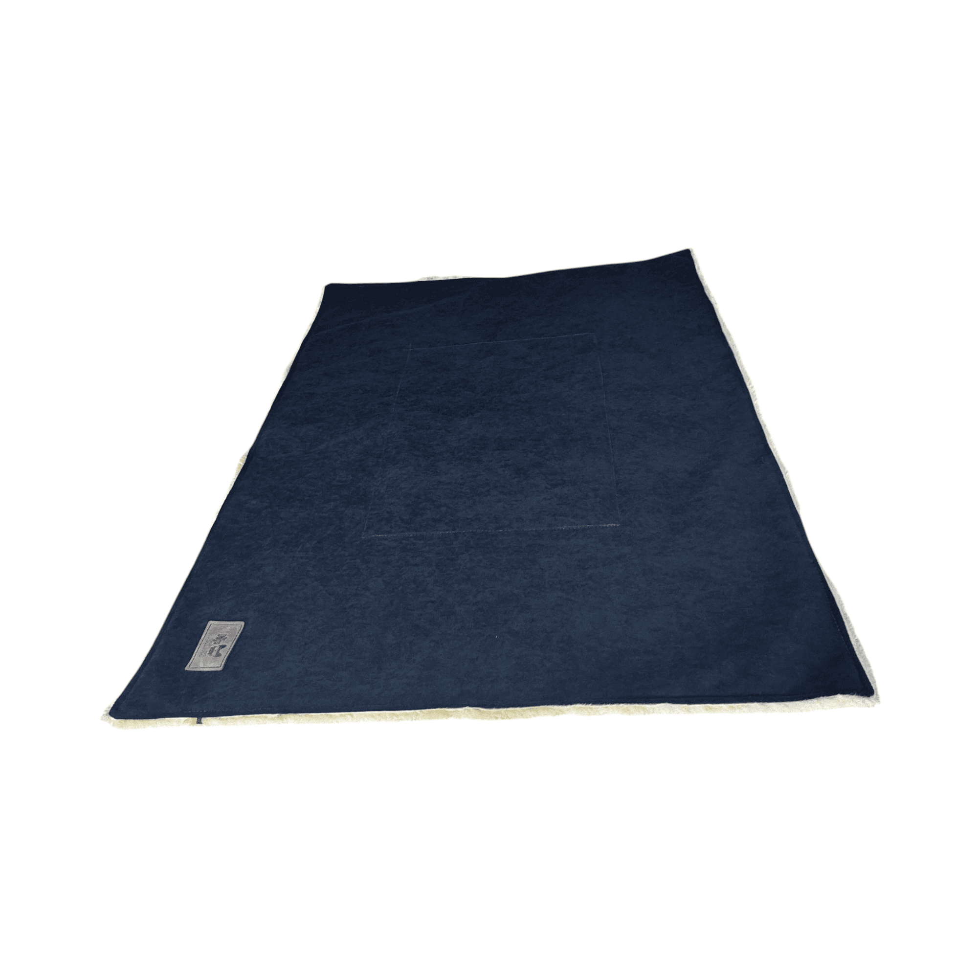 A rectangular dark blue velour snuggle blanket with a light-coloured trim and a small rectangular patch in one corner.