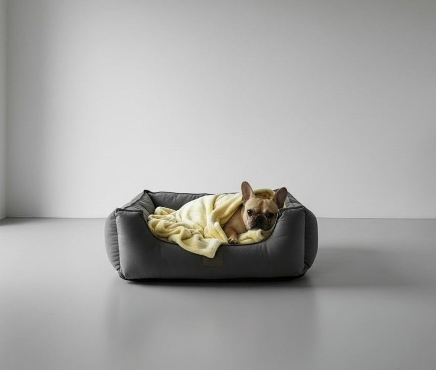 A French bulldog resting in a grey bolstered pet bed under a light yellow velour snuggle blanket.